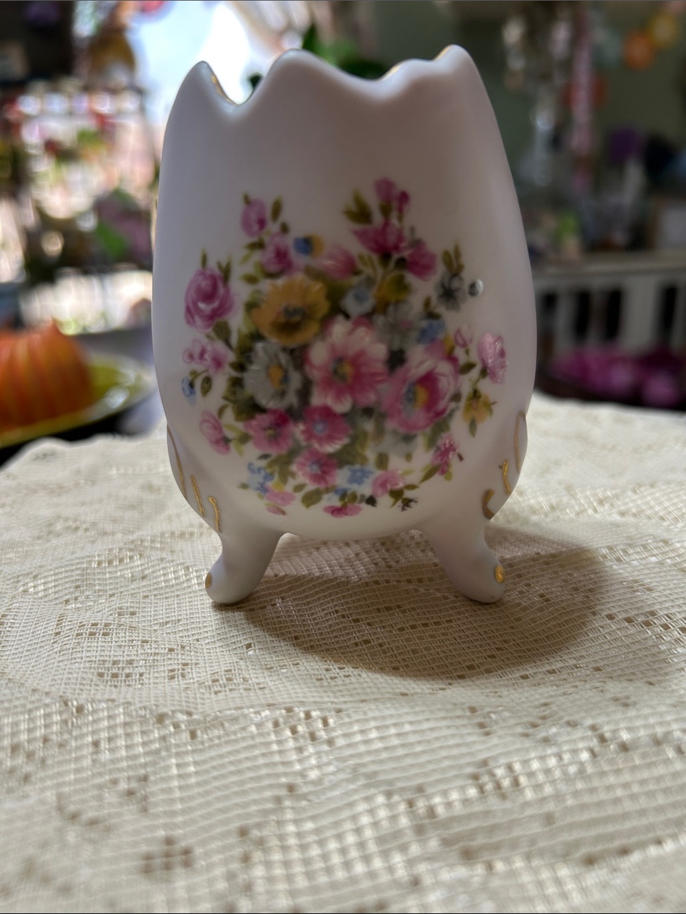 Vintage Porcelain Cracked Egg Vase Trinket Hand Painted Multi Colored Floral